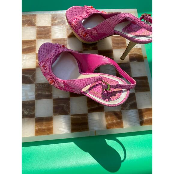 Vintage Dior Pink Python And Raffia Embellished Platform Sandals - Picture 7 of 10